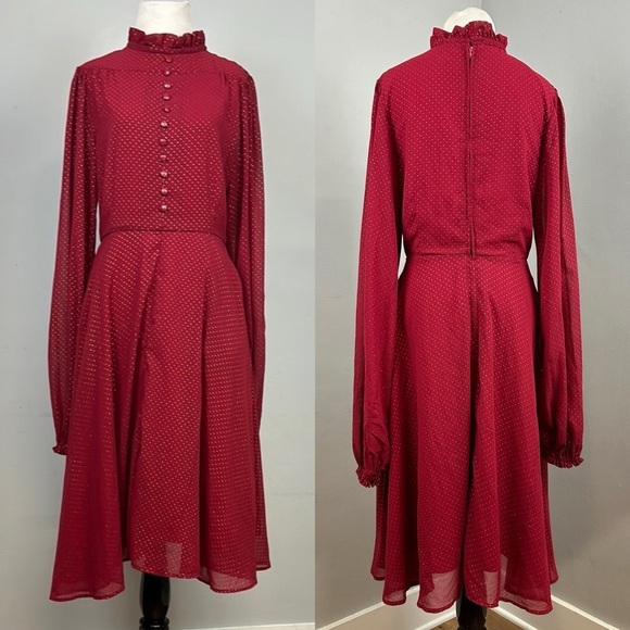 Unique Vintage Red Gold Dot Chiffon High Neck Midi Dress Sz M - Picture 11 of 11